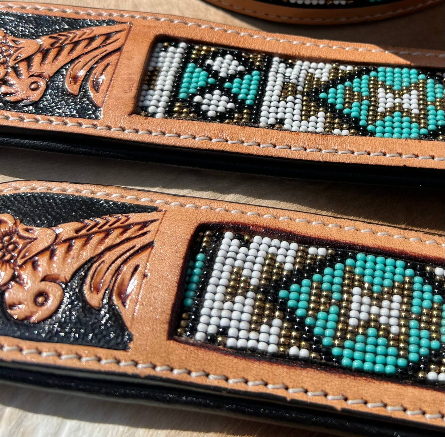 Southwestern Western Tooled Leather Beaded Dog Collar - Turq