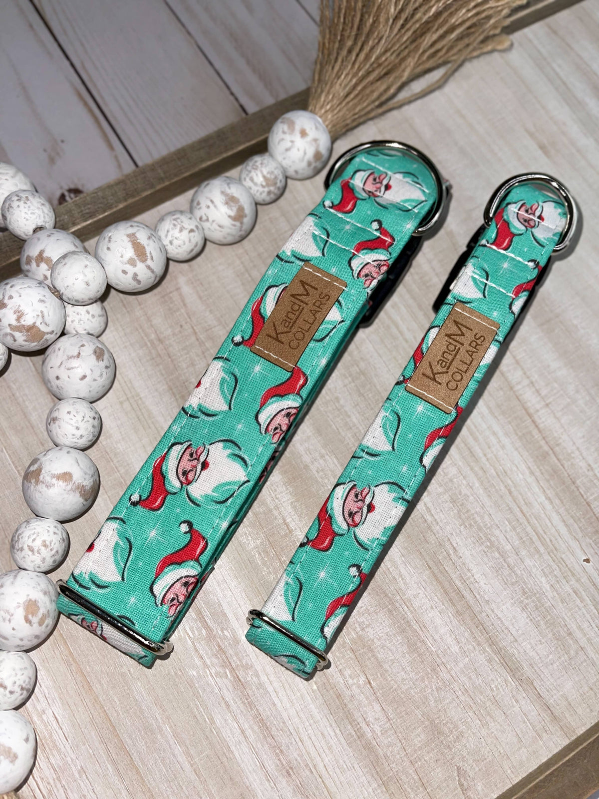 Retro Teal Santa Clause Dog Collar, Christmas Dog Collar