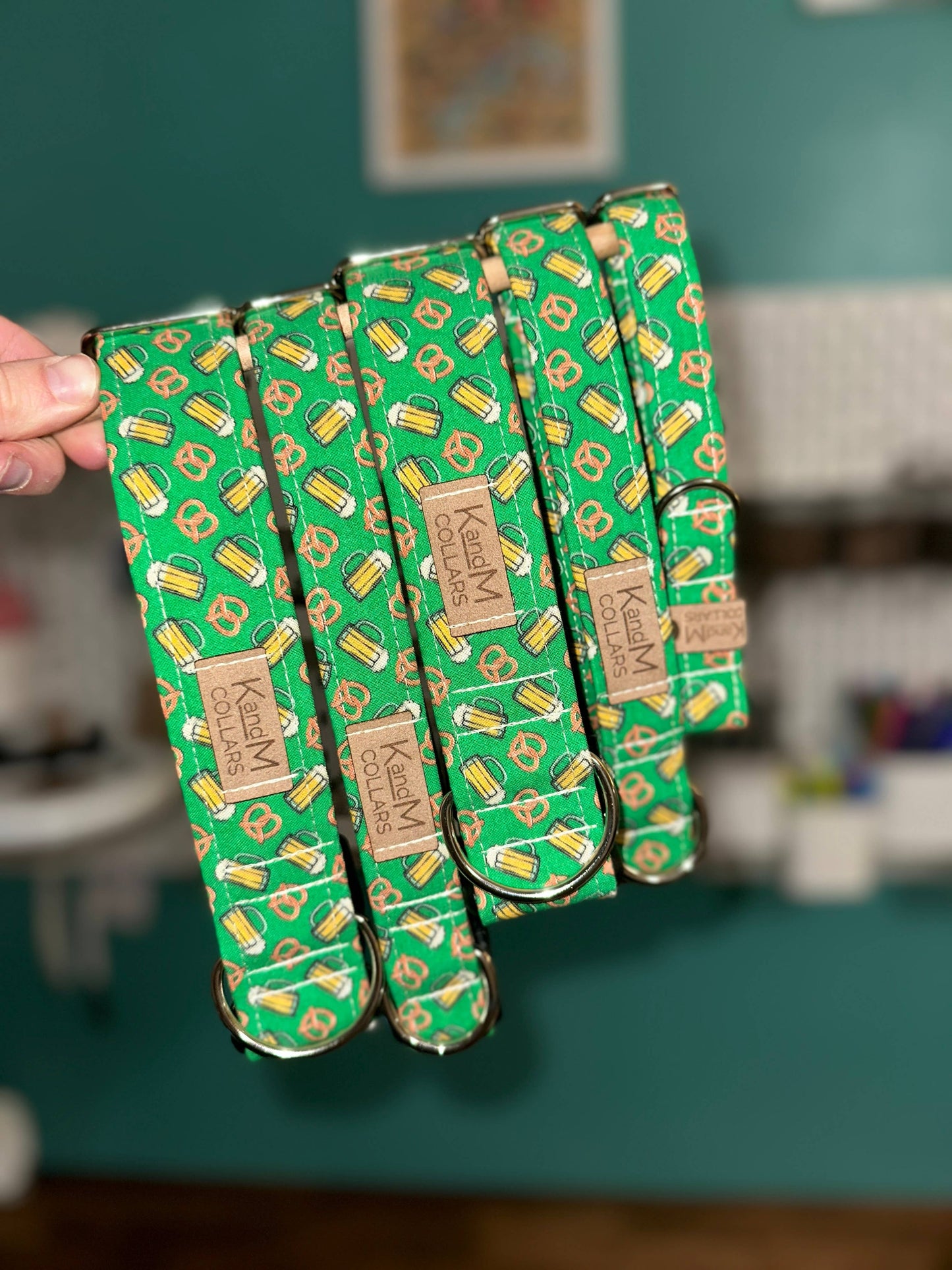 Beer and Pretzels on Green Dog Collar