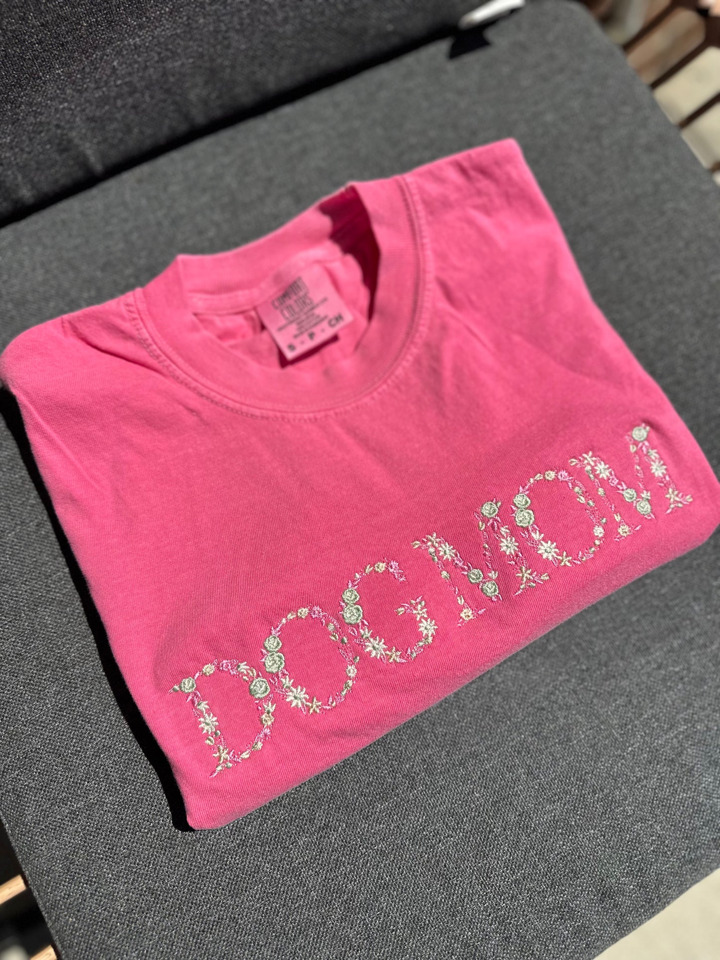 Dog Mom Floral Embroidered Comfort Colors T-Shirt - Pink