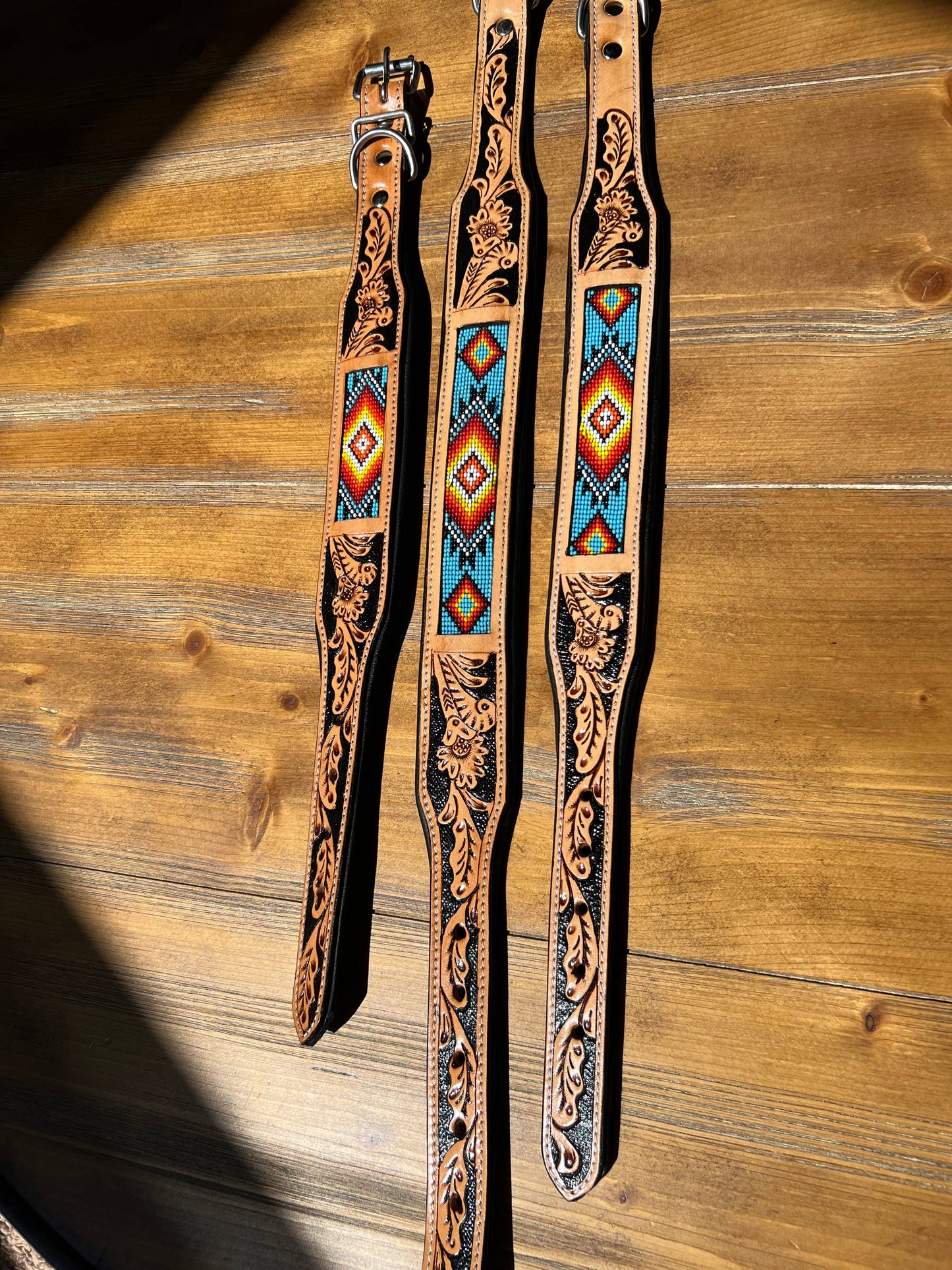 Western Tooled Leather Beaded Dog Collar - Aztec Beaded