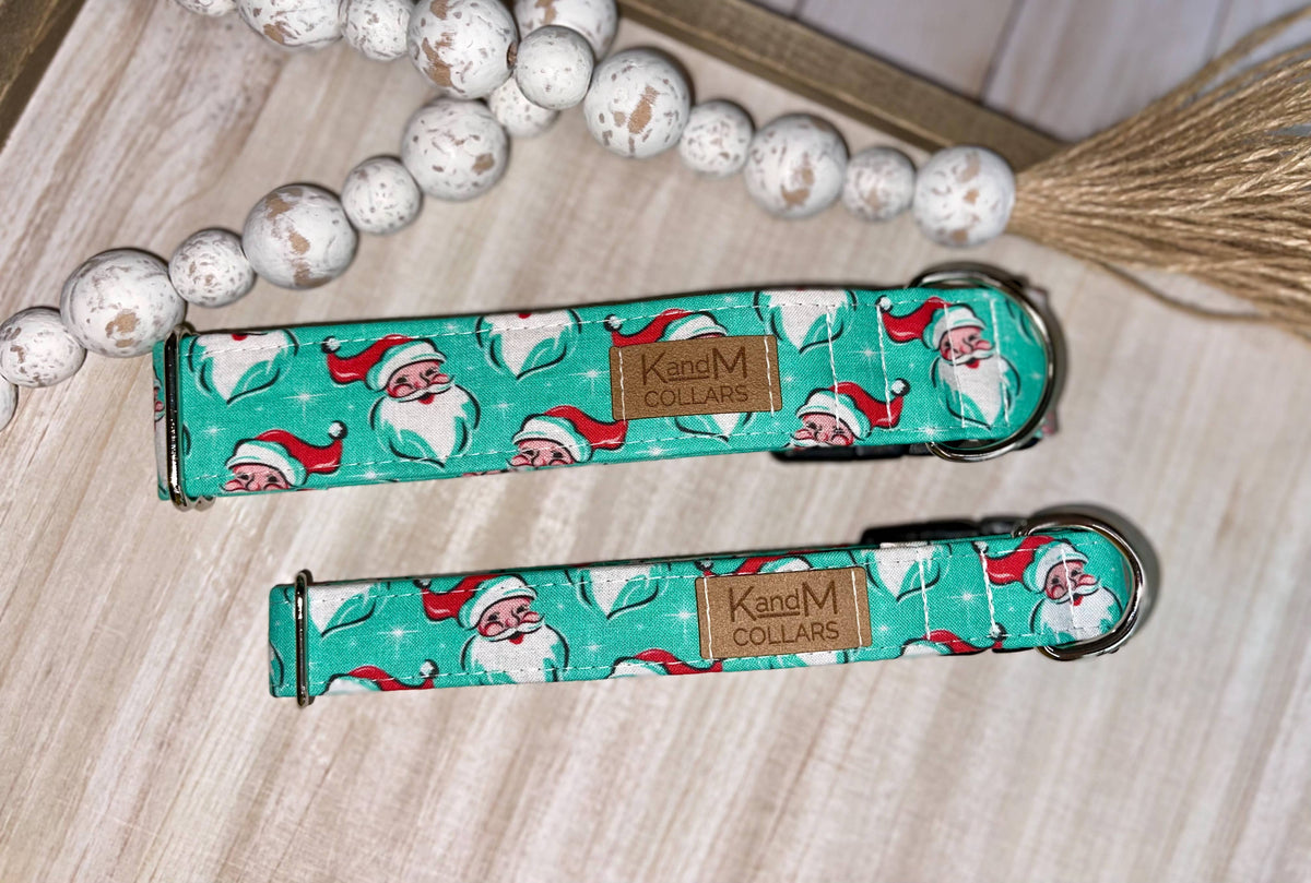 Retro Teal Santa Clause Dog Collar, Christmas Dog Collar