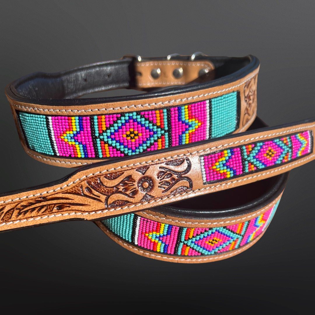 Western Tooled Leather Dog Collar - Pink Turquoise Beaded