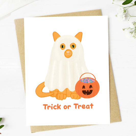 Trick Or Treat Cat Ghost Halloween Card