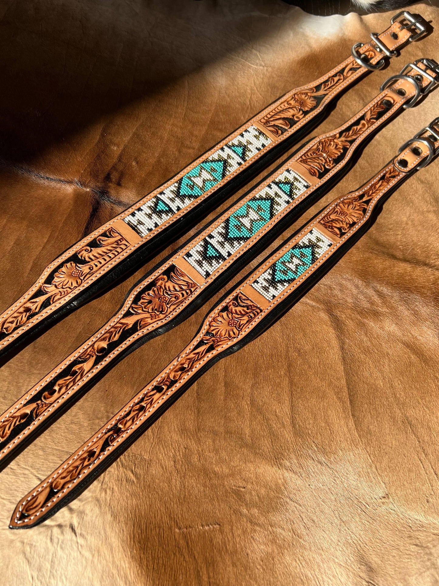 Southwestern Western Tooled Leather Beaded Dog Collar - Turq