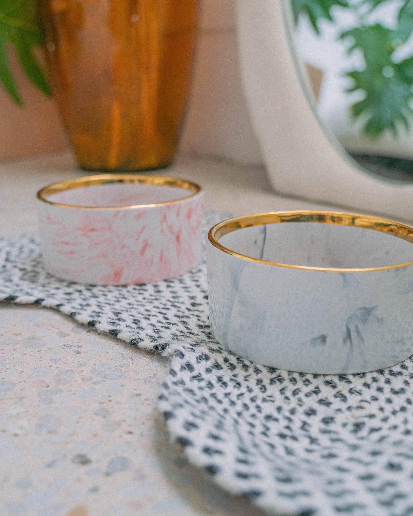 Blush Pink Marble Dog Bowl with Gold Accent