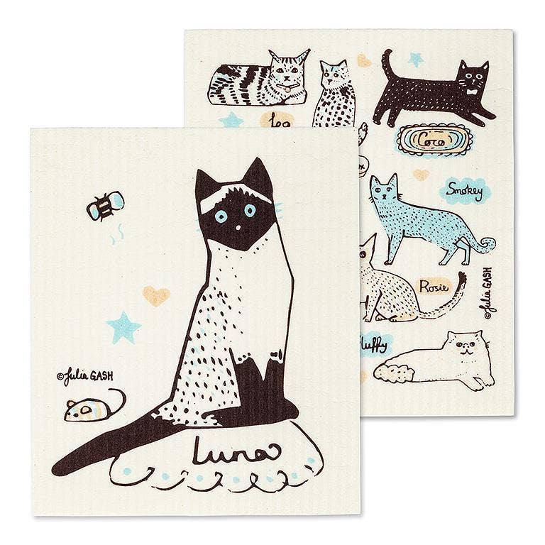 S/2 Cats & Names Dishcloths-6.5x8"L