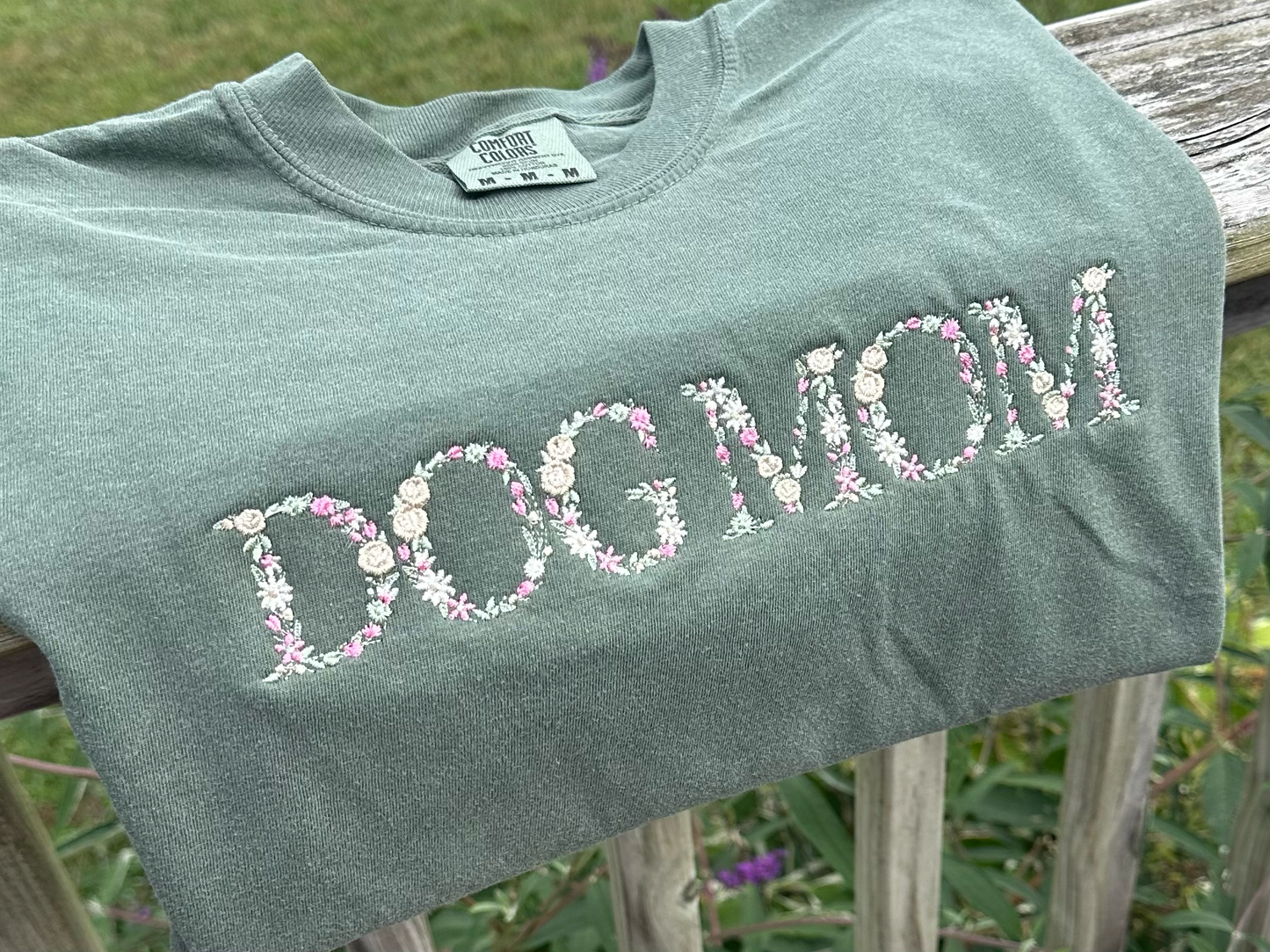 Dog Mom Floral Embroidered Comfort Colors T-Shirt - Sage