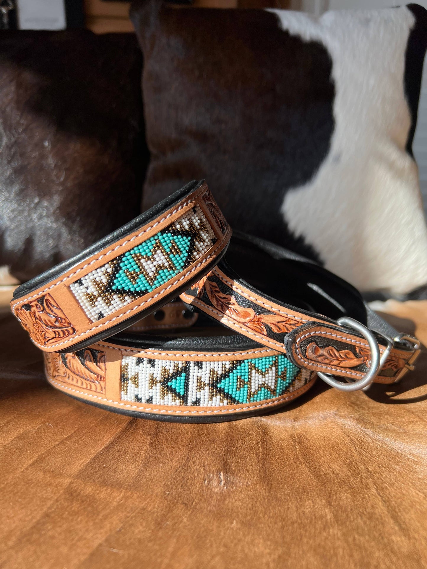 Southwestern Western Tooled Leather Beaded Dog Collar - Turq