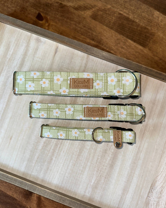Bright Green Daisies on Plaid Dog Collar