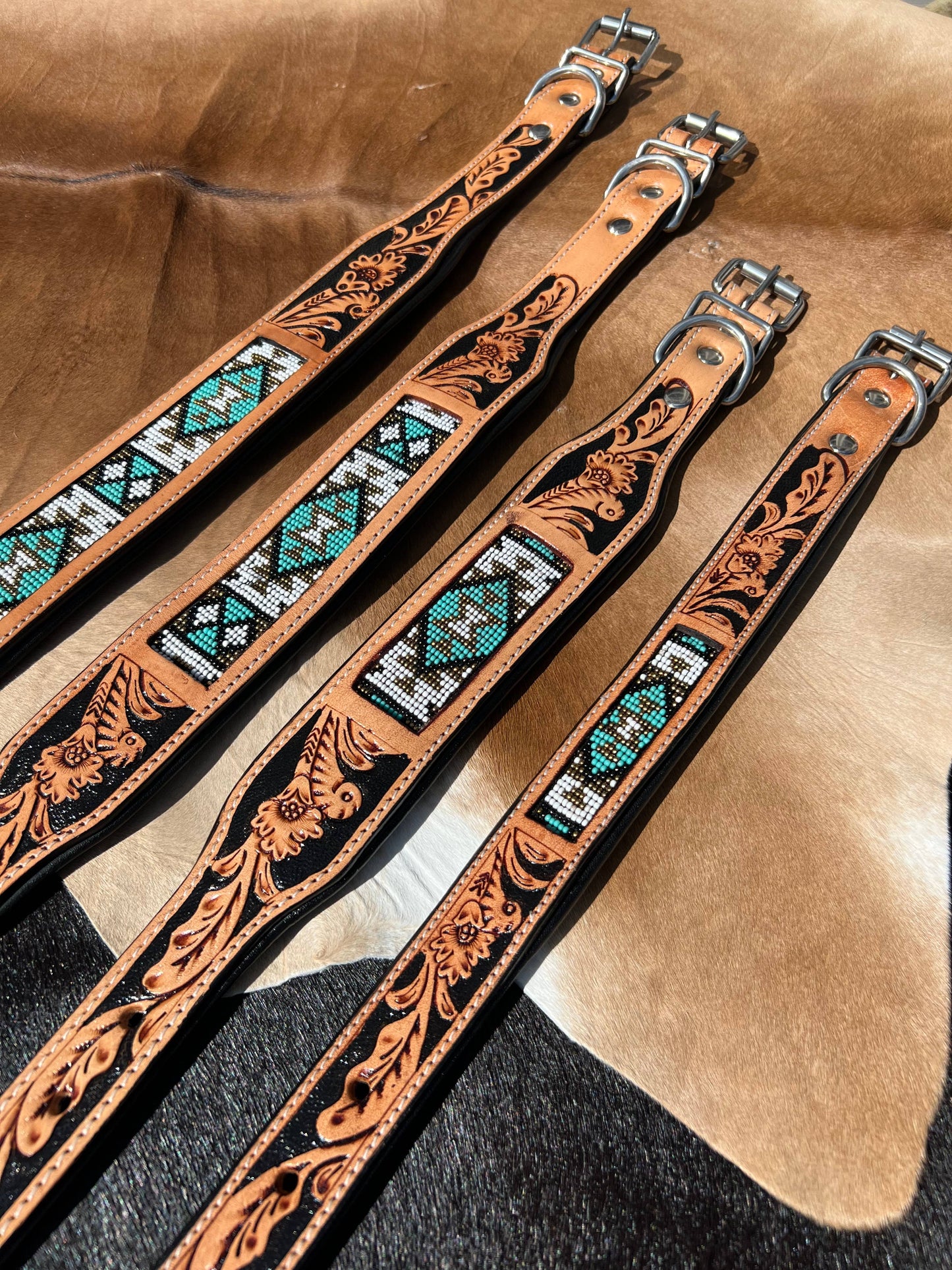 Southwestern Western Tooled Leather Beaded Dog Collar - Turq