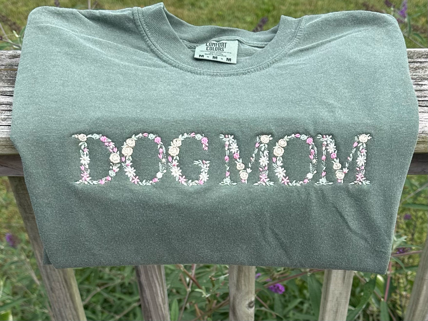 Dog Mom Floral Embroidered Comfort Colors T-Shirt - Sage