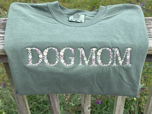 Dog Mom Floral Embroidered Comfort Colors T-Shirt - Sage