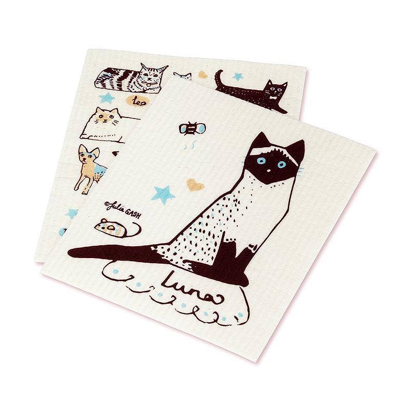 S/2 Cats & Names Dishcloths-6.5x8"L
