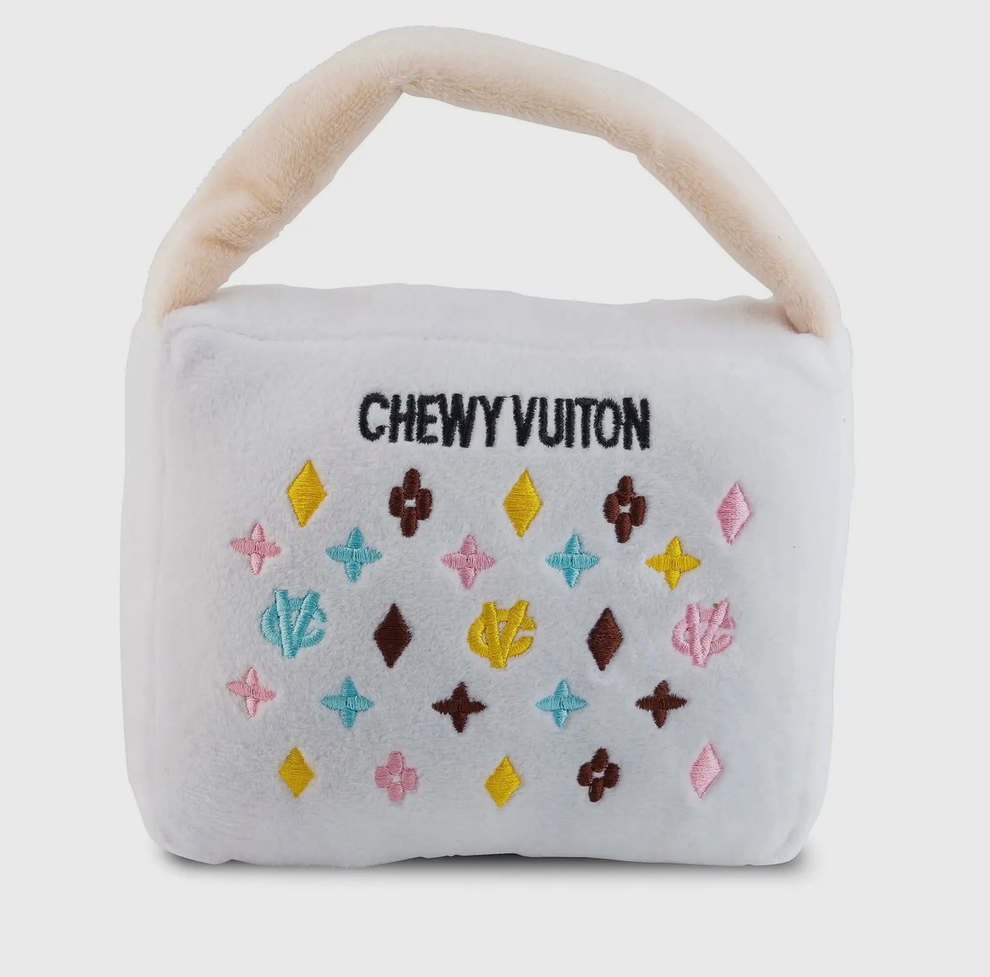 White Chewy Vuiton Purses Squeaker Dog Toy