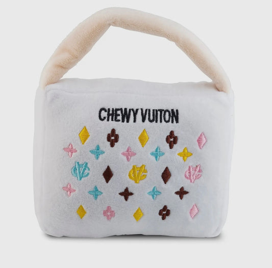 White Chewy Vuiton Purses Squeaker Dog Toy
