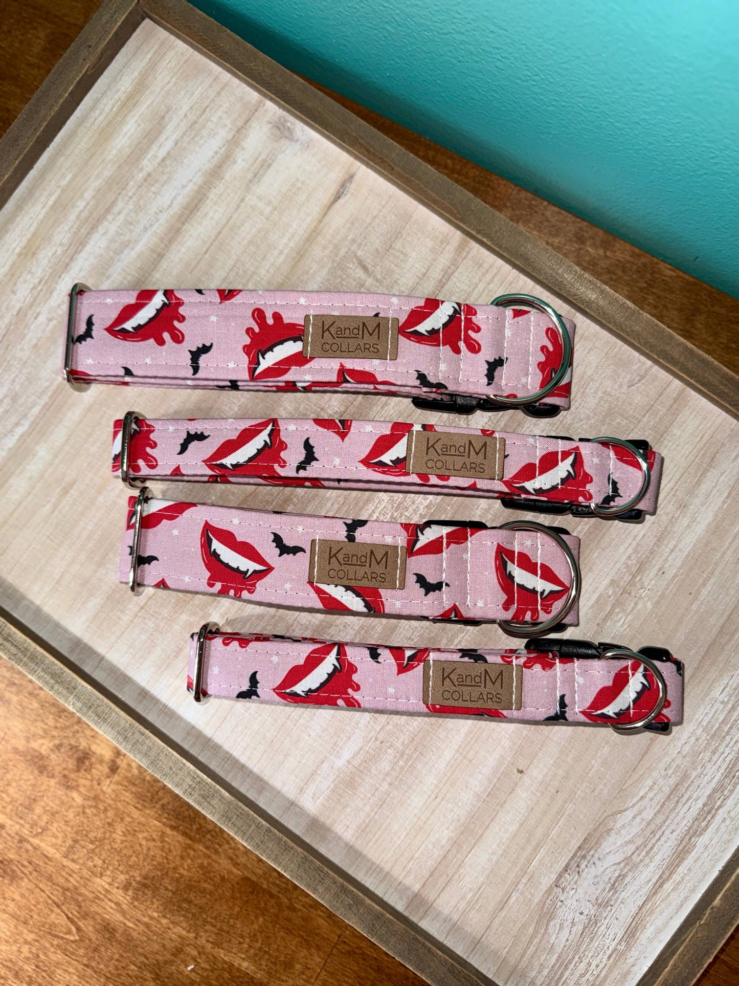 Pink and Red Vampire Lips Dog Collar, Halloween, Bats, Blood