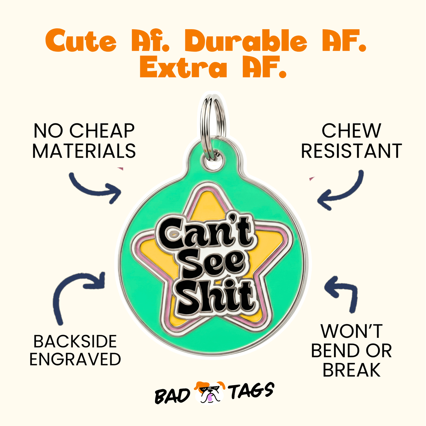 Funny Dog Tag Charm or Pet ID Tag - Can't See Shit