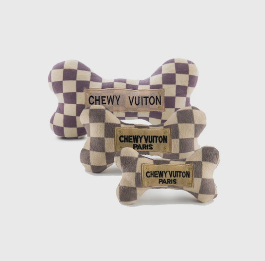 Checker Chewy Vuiton Bones Squeaker Dog Toy