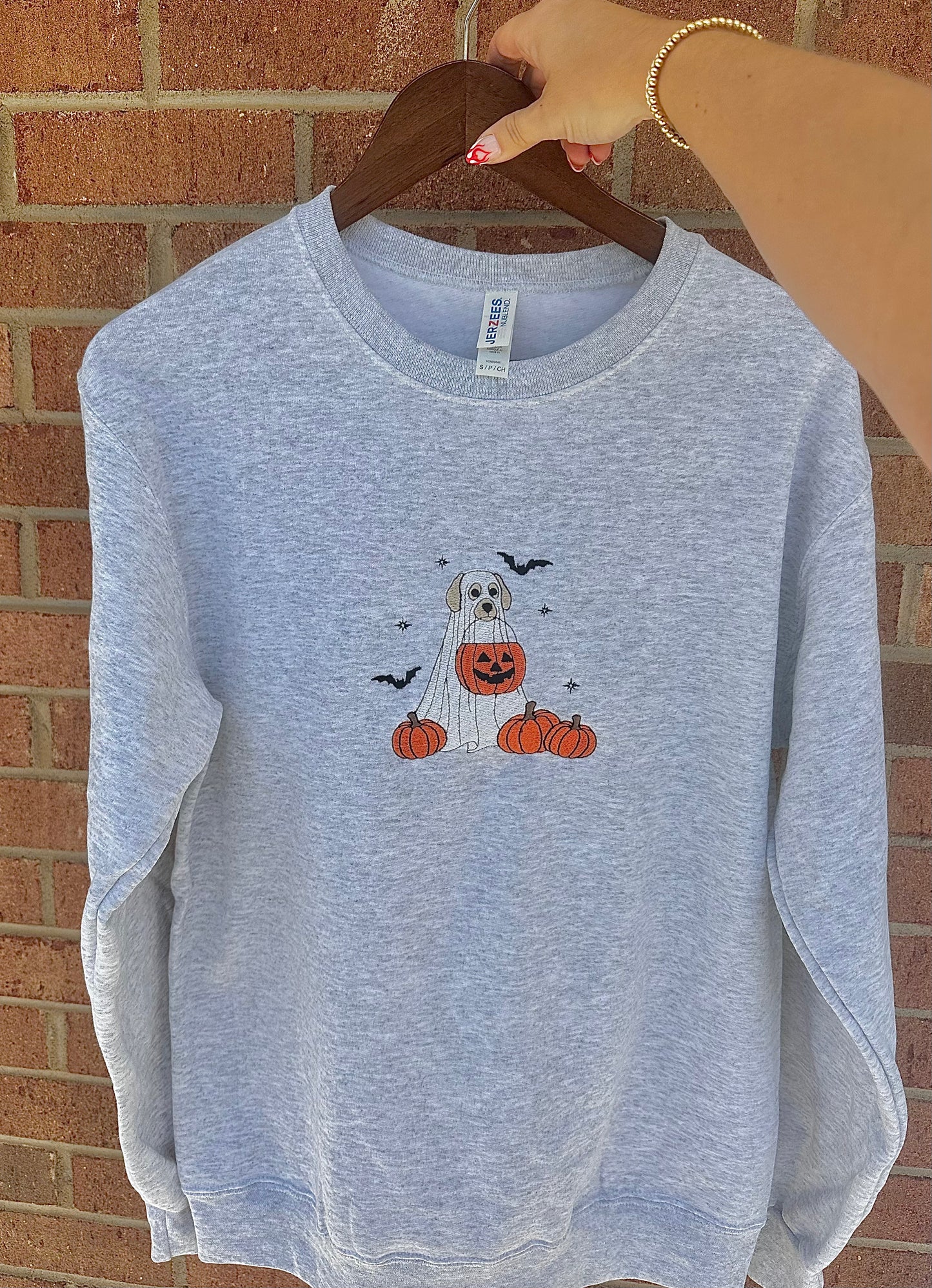 Ghost Dog Trick Or Treat Halloween Embroidered JERZEES Crewneck Sweatshirt