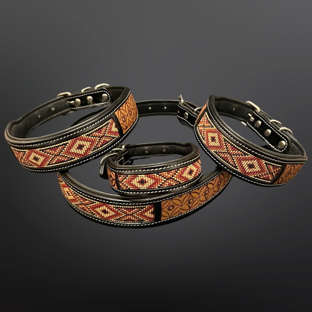 Western Beaded Dog Collar - Tooled Leather