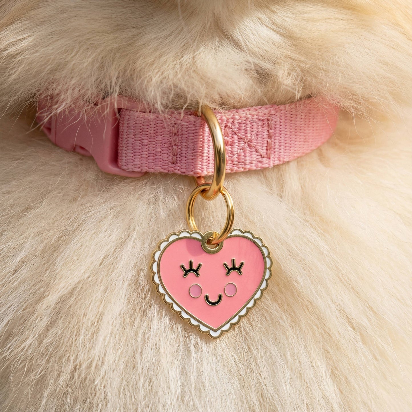 Gold Enamel Dog Tag w/ Scannable Pet ID - Pink Heart Charm