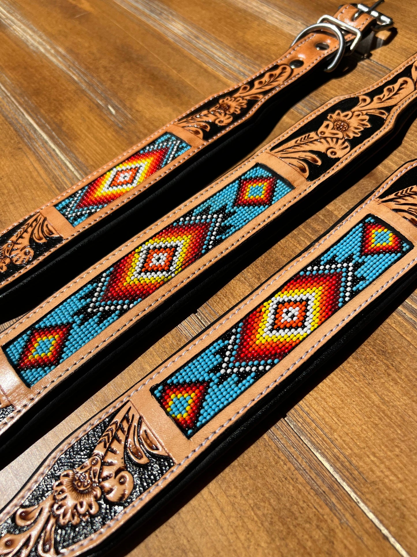 Western Tooled Leather Beaded Dog Collar - Aztec Beaded