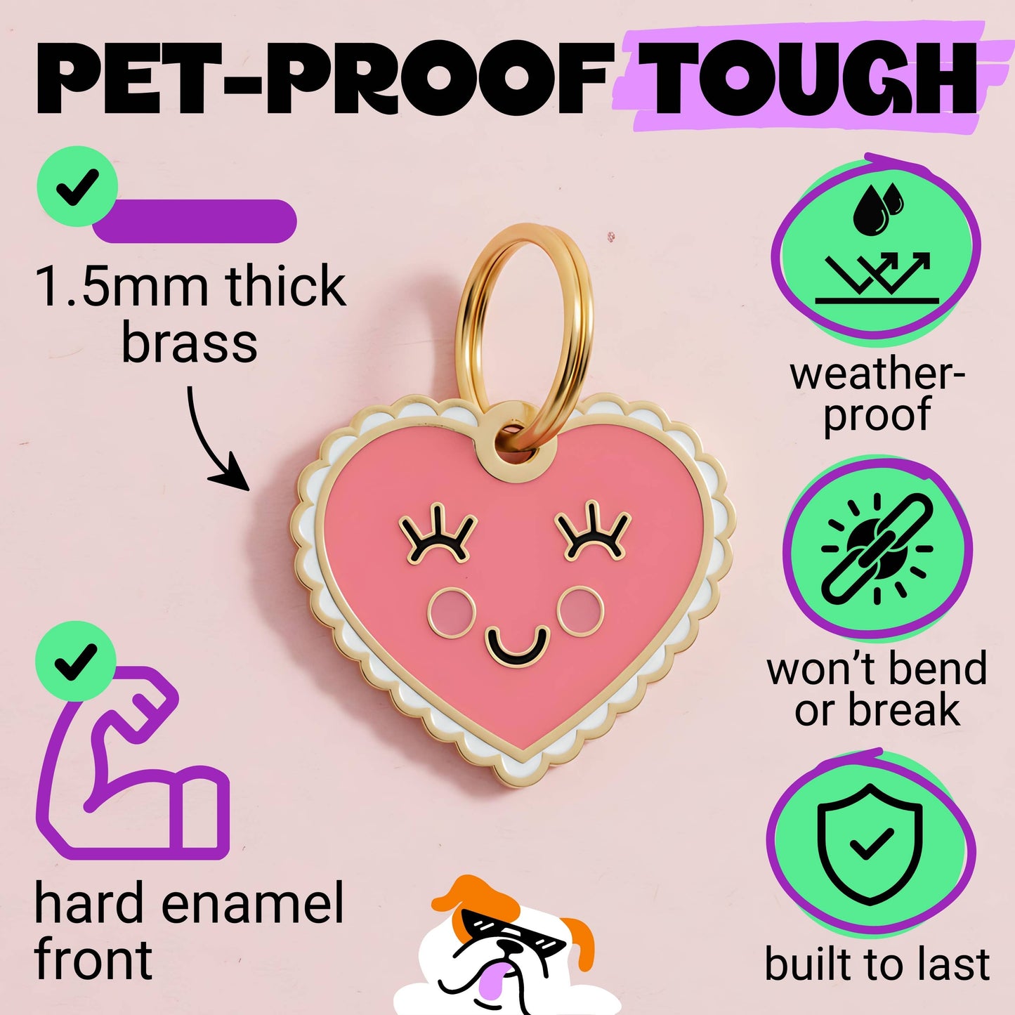 Gold Enamel Dog Tag w/ Scannable Pet ID - Pink Heart Charm