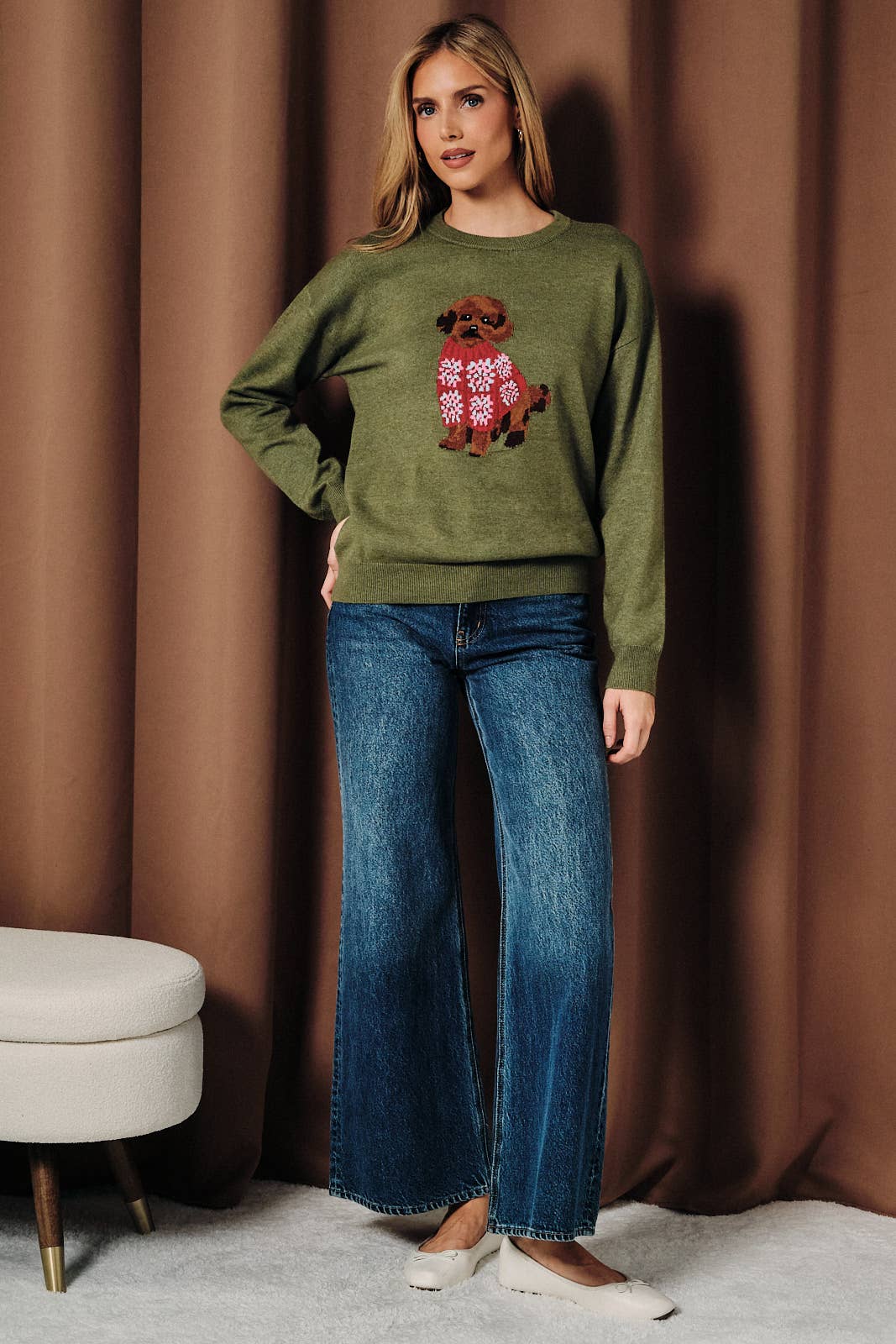 Round Neck Poodle Dog Graphic Long Sleeve Knit Sweater