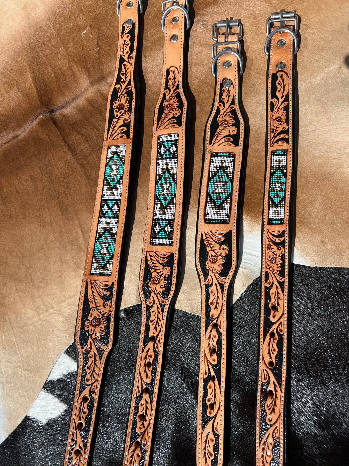 Southwestern Western Tooled Leather Beaded Dog Collar - Turq