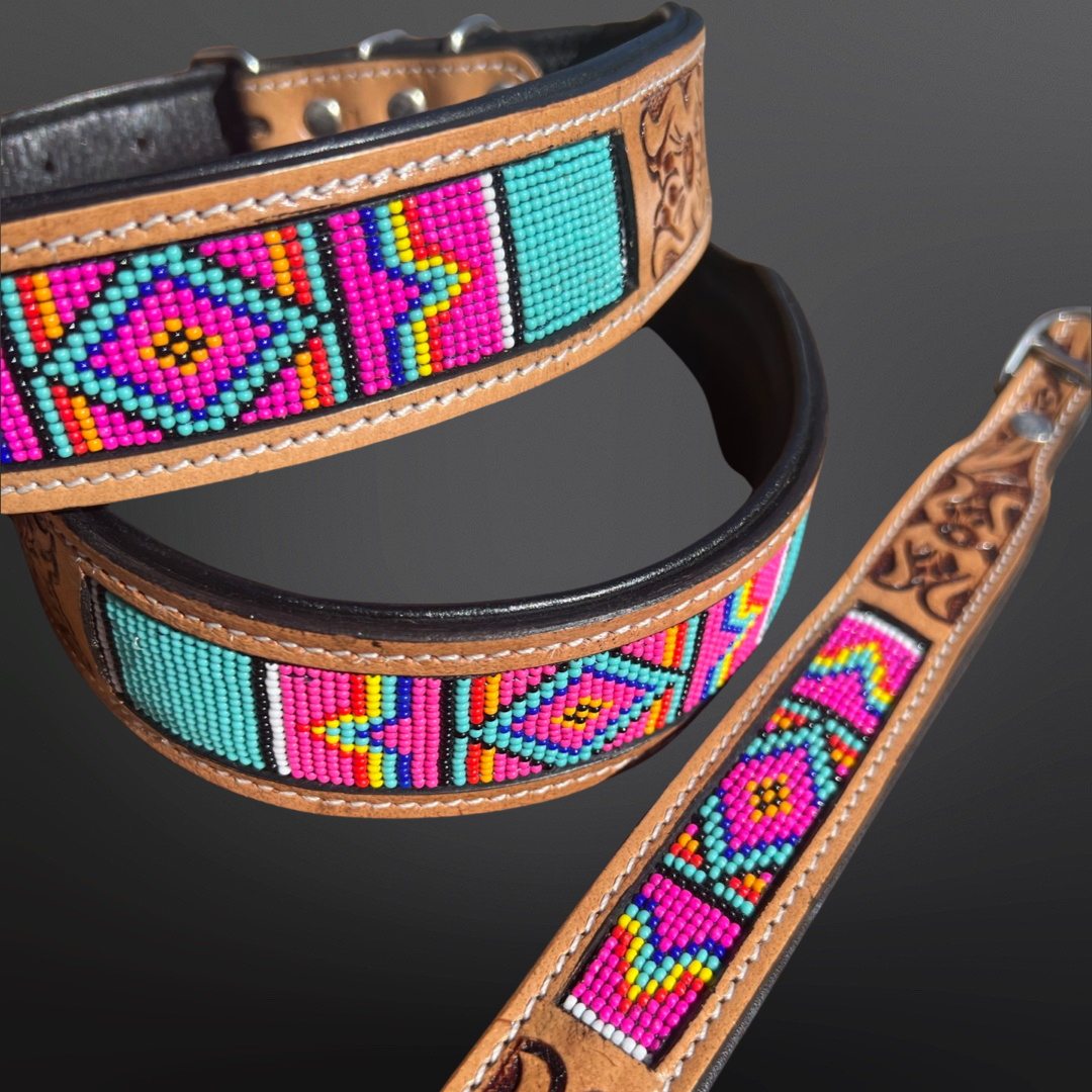 Western Tooled Leather Dog Collar - Pink Turquoise Beaded