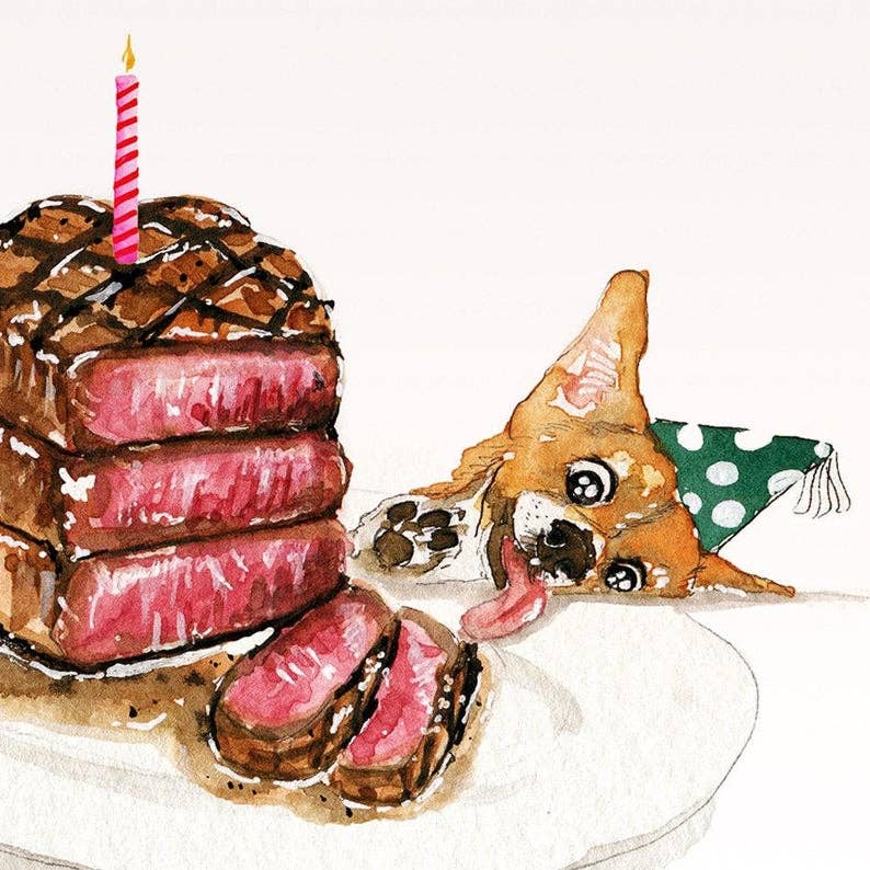 Rare Steak Corgi Dog - Funny Birthday Card