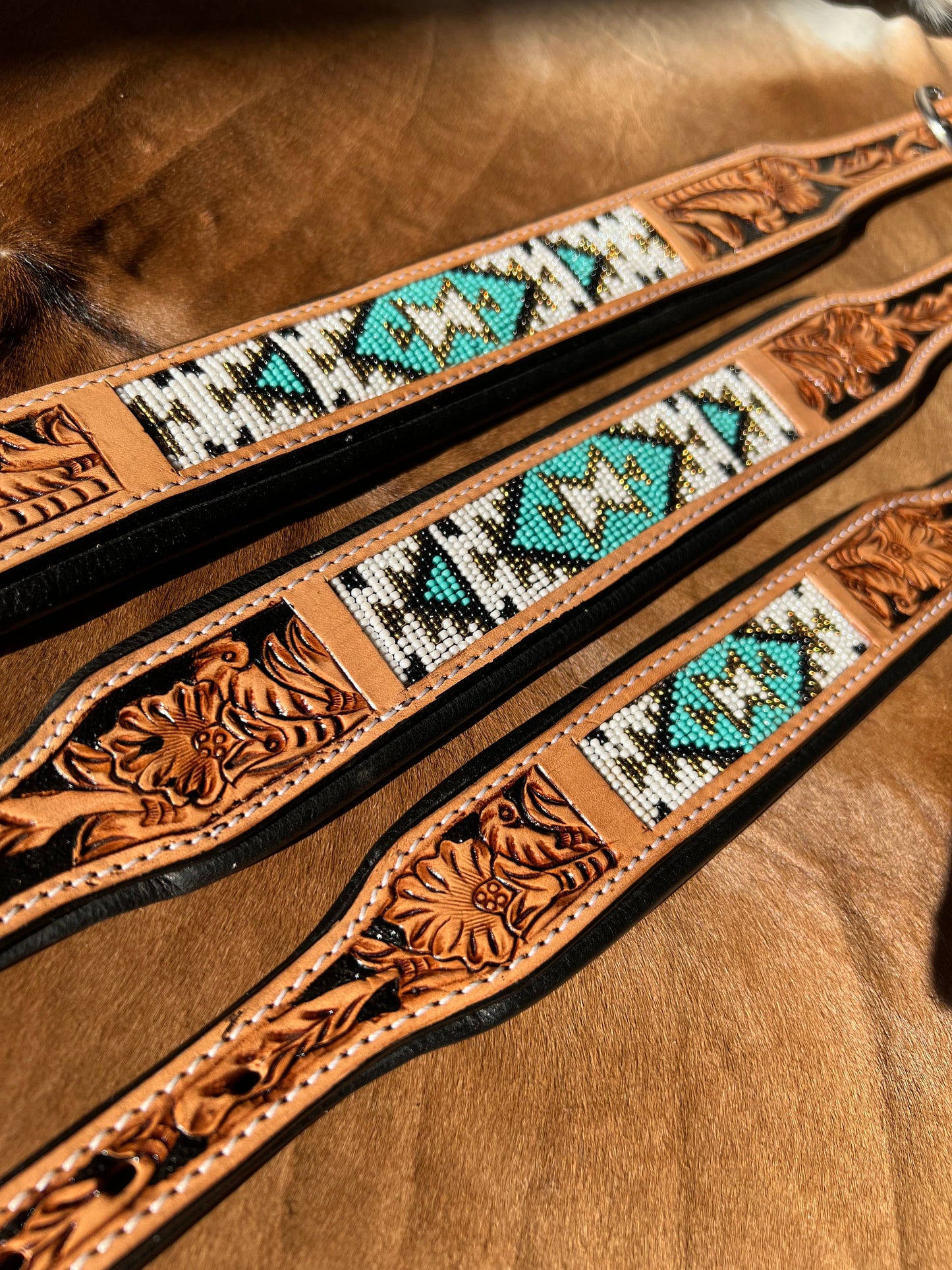 Southwestern Western Tooled Leather Beaded Dog Collar - Turq