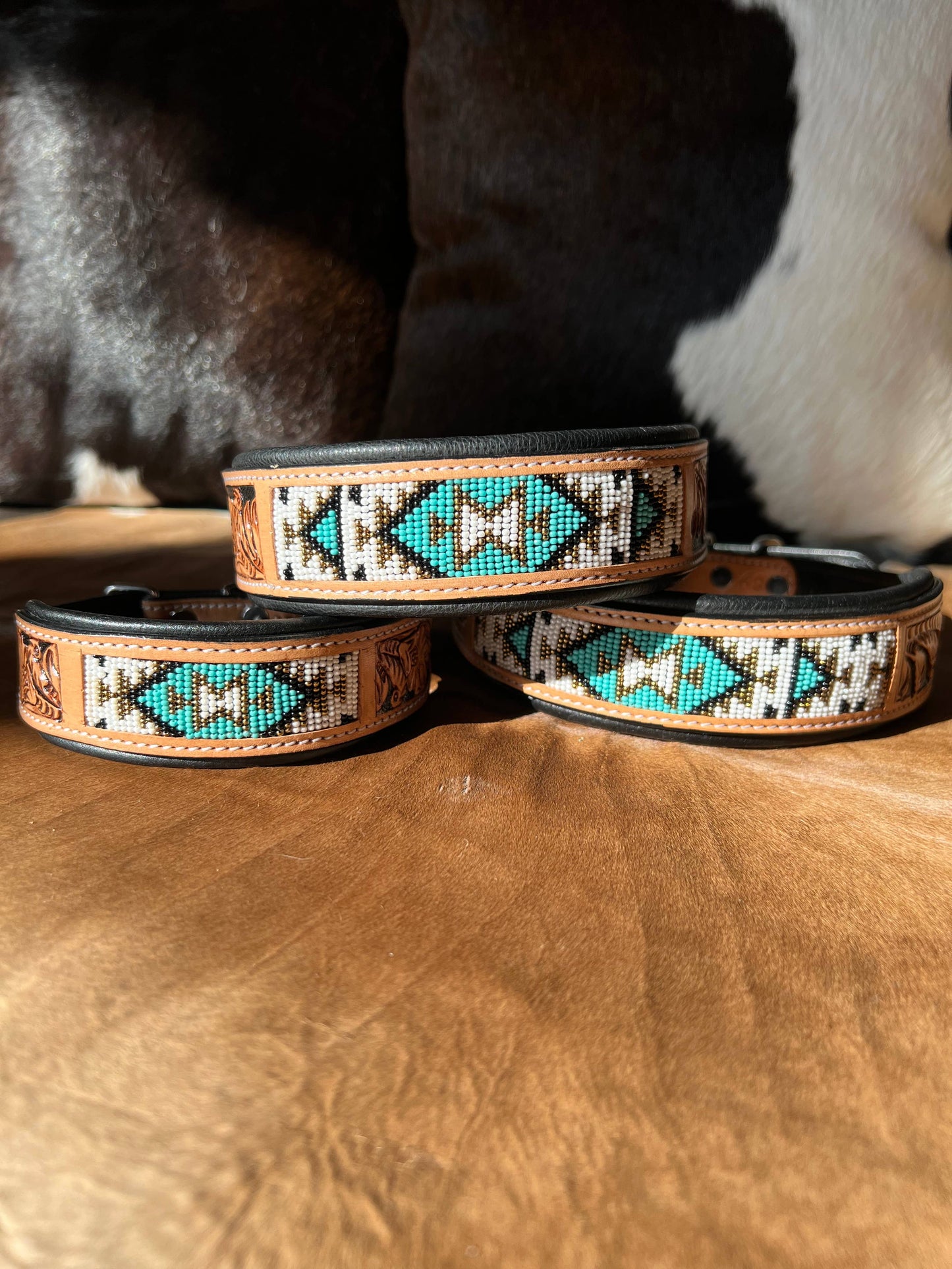 Southwestern Western Tooled Leather Beaded Dog Collar - Turq