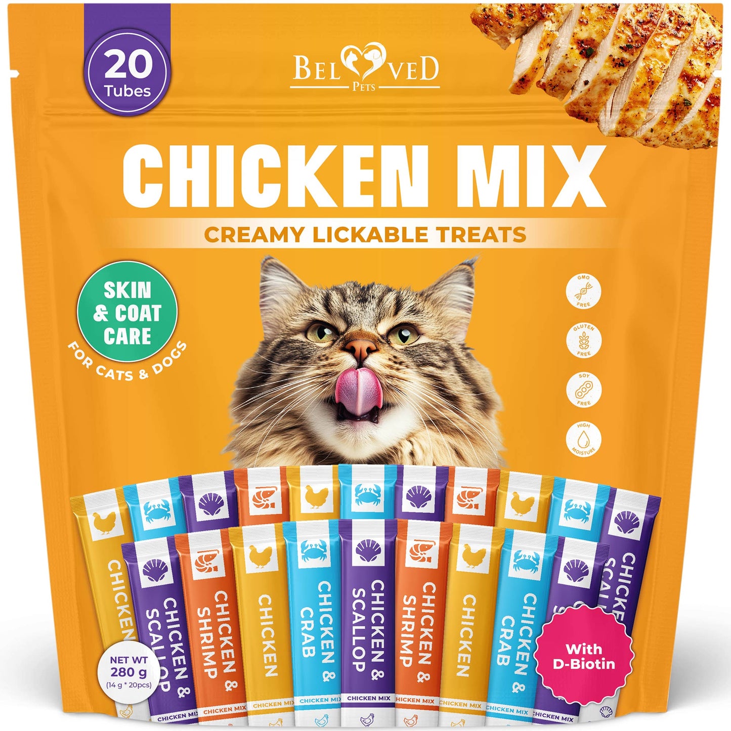 Lickable Cat & Dog Treats (Squeeze Tubes) - Chicken Mix, Skin & Coat Care (10 Ounce (Pack of 1)