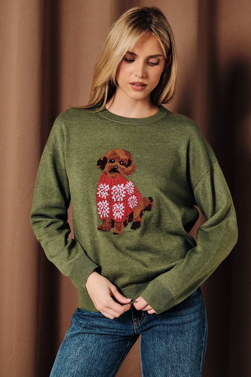 Round Neck Poodle Dog Graphic Long Sleeve Knit Sweater