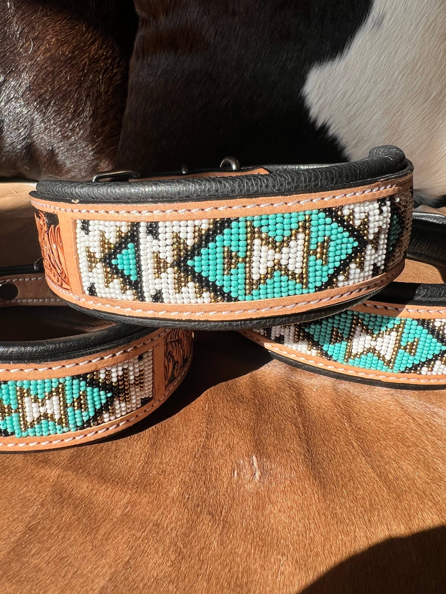 Southwestern Western Tooled Leather Beaded Dog Collar - Turq