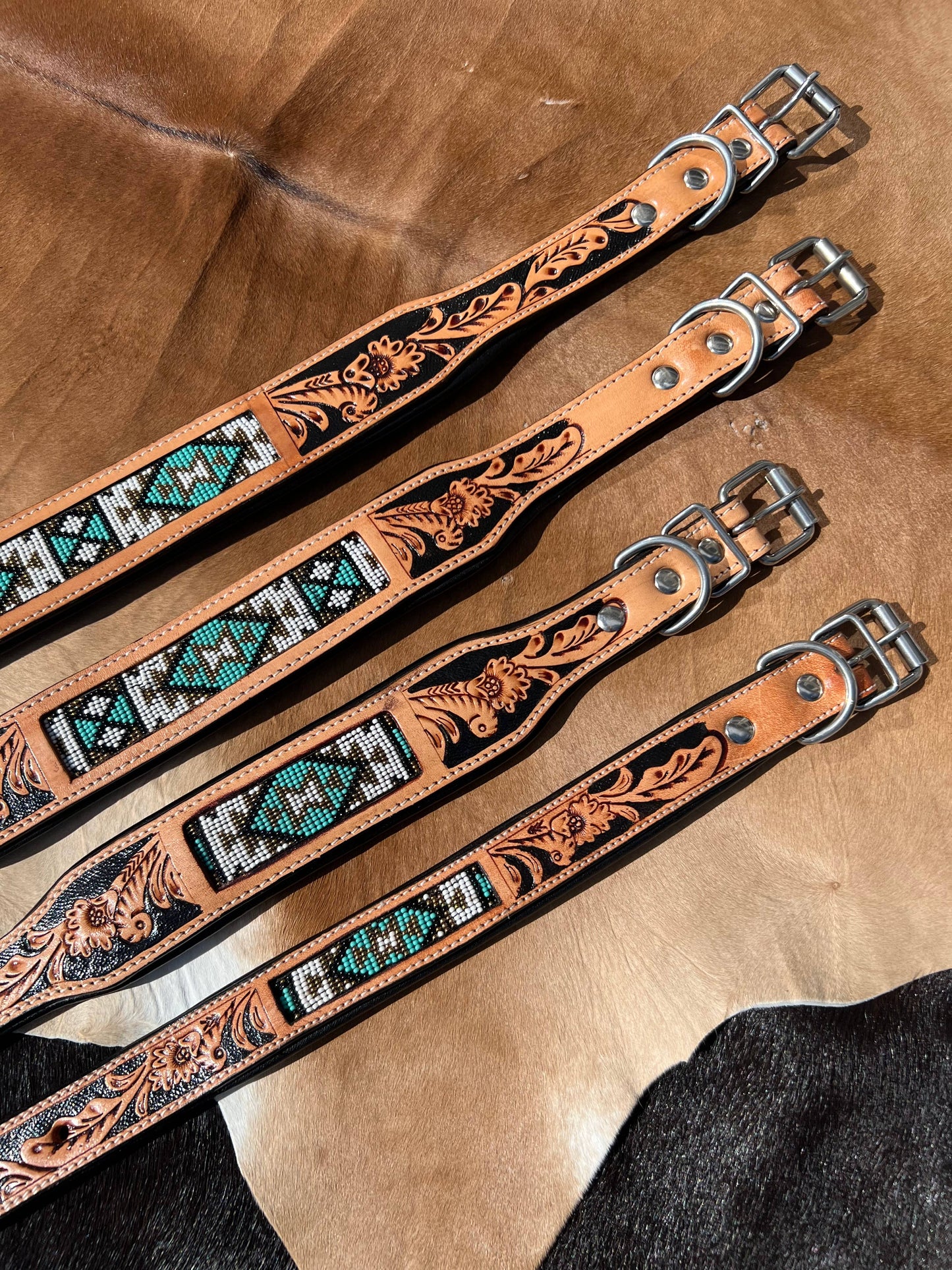 Southwestern Western Tooled Leather Beaded Dog Collar - Turq