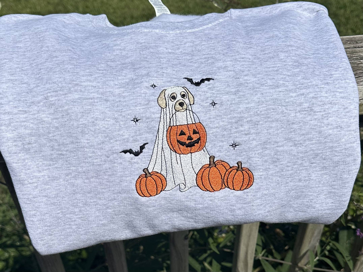 Ghost Dog Trick Or Treat Halloween Embroidered JERZEES Crewneck Sweatshirt