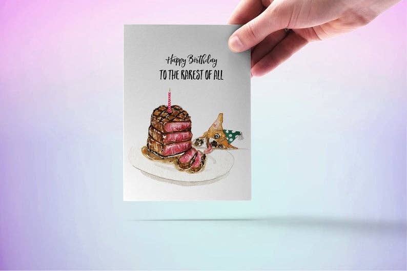 Rare Steak Corgi Dog - Funny Birthday Card