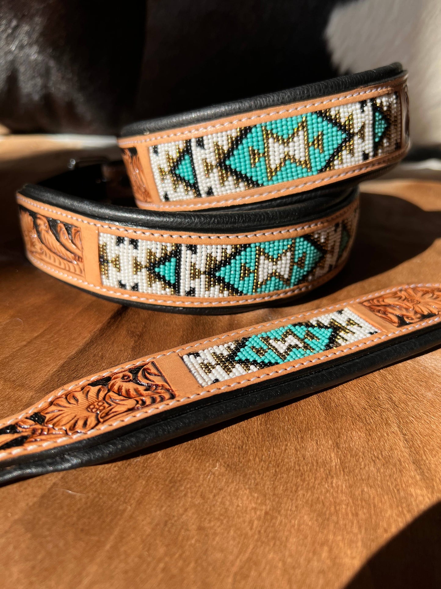 Southwestern Western Tooled Leather Beaded Dog Collar - Turq