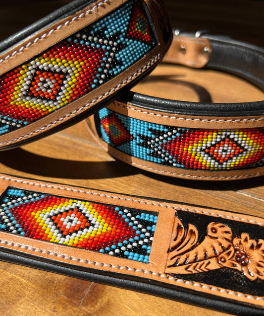 Western Tooled Leather Beaded Dog Collar - Aztec Beaded