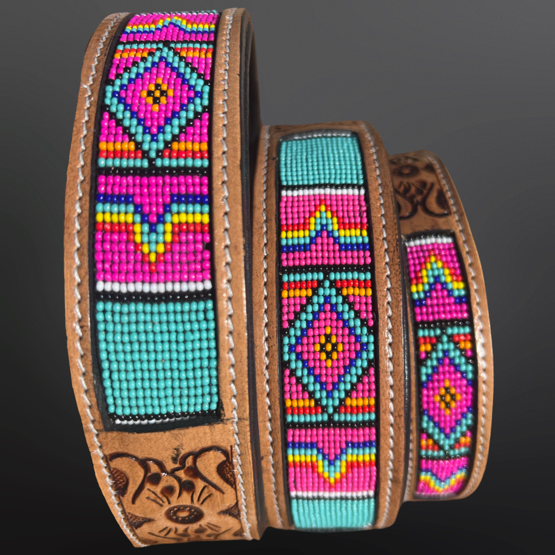 Western Tooled Leather Dog Collar - Pink Turquoise Beaded